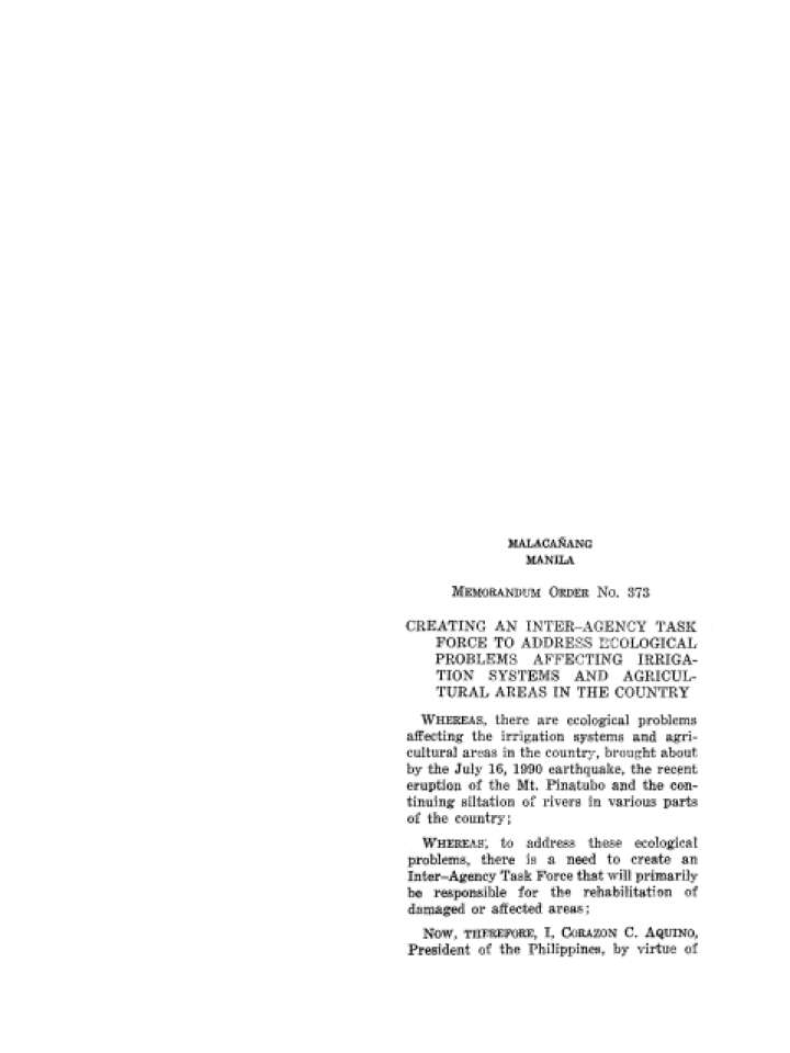 Memorandum Order 393: CREATING AN INTER-AGENCY TASK FORCE TO ADDRESS ECOLOGICAL PROBLEMS AFFECTING IRRIGATION SYSTEMS AND AGRICULTURAL AREAS IN THE COUNTRY