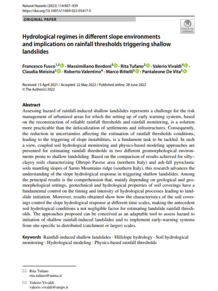 Cover of Hydrological regimes in different slope environments and implications on rainfall thresholds triggering shallow landslides