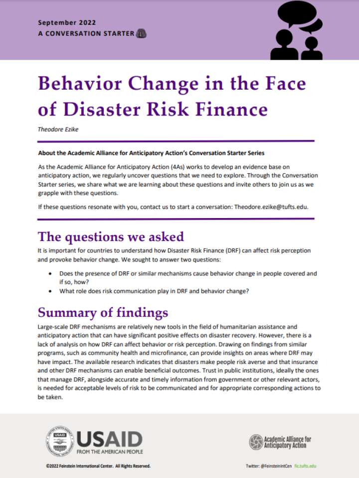 Cover of Behavior change in the face of disaster risk finance