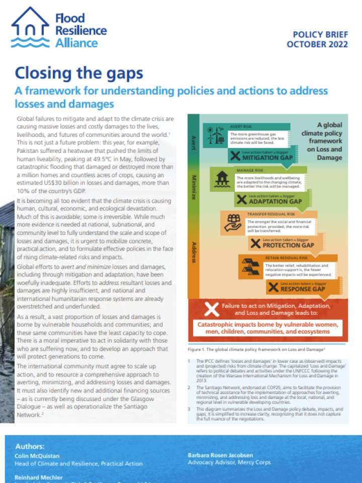  Global failures to mitigate and adapt to the climate crisis are causing massive losses and costly damages to the lives, livelihoods, and futures of communities around the world. Efforts to address the issue have been highly insufficient, and national and international humanitarian response systems are already overstretched and underfunded. There is a moral imperative to act in solidarity with those who are suffering now, and to develop an approach that will protect generations to come. This policy brief fr