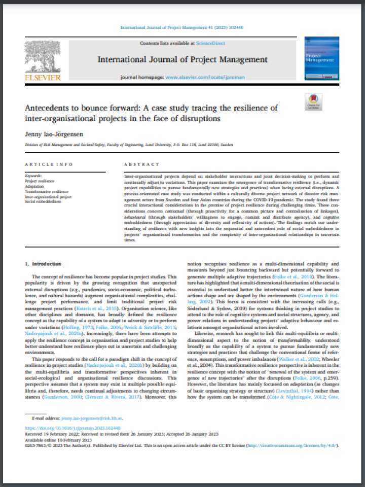 Antecedents to bounce forward: A case study tracing the resilience of  inter-organisational projects in the face of disruptions