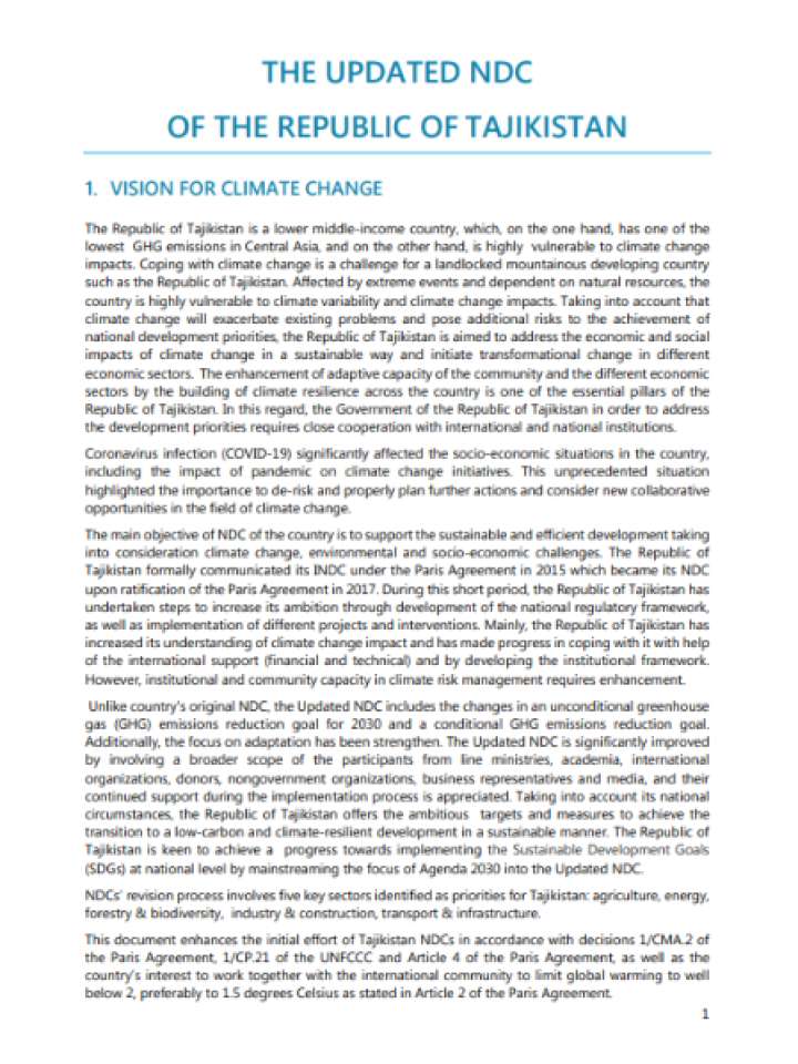 Updated Nationally Determined Contribution Of The Republic Of   Tajikistan Ndc  