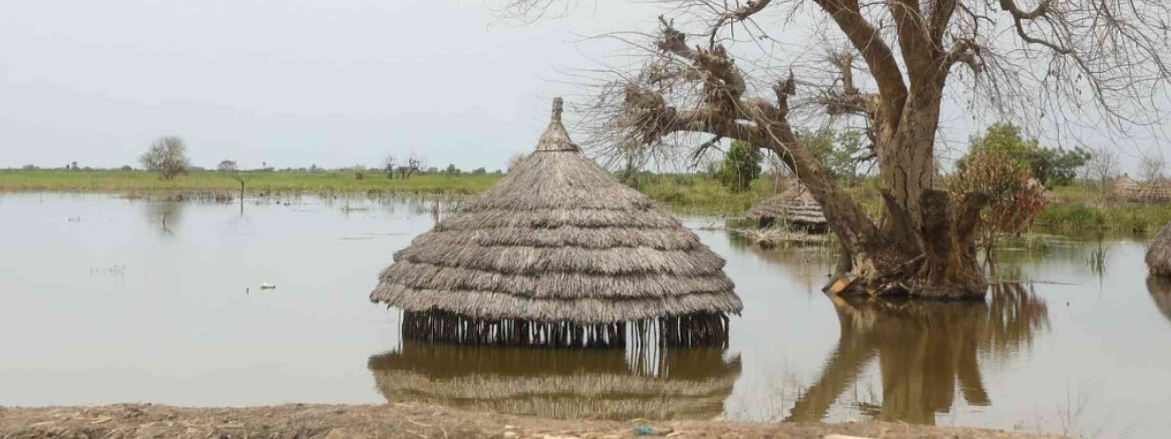 An inundated village in South Sudan